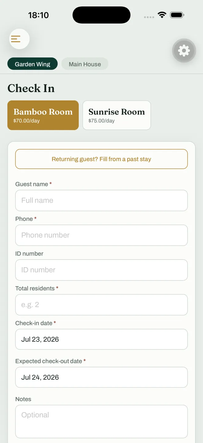 Hostly's check-in form: guest name, phone, party size, dates and payment.