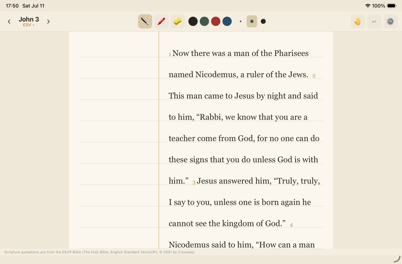 Scriptly reading a chapter of Scripture on a ruled page, with a writing margin ready for handwritten notes