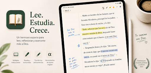 Escriblia abierto en una tableta: una página rayada de las Escrituras junto a notas escritas a mano